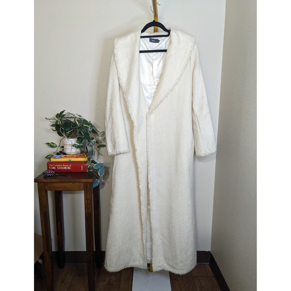 MNG Cream Mohair Wool Long Shawl Collar Fringed Maxi Topper Duster Coat